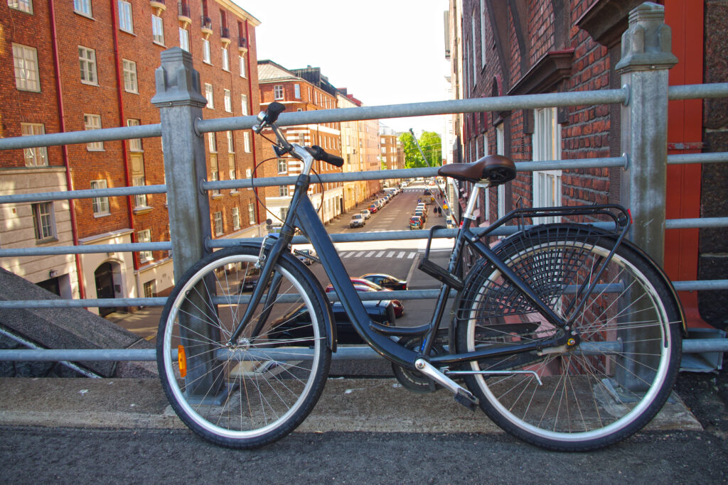 A glimpse of everyday life – local Helsinki guide photo Bicycle parked on a quiet street in Helsinki, featured in a local Helsinki guide